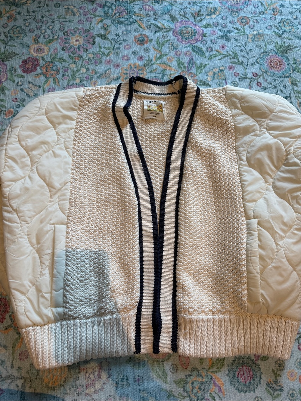 Cream Knit Women's jacket with Navy Trim
